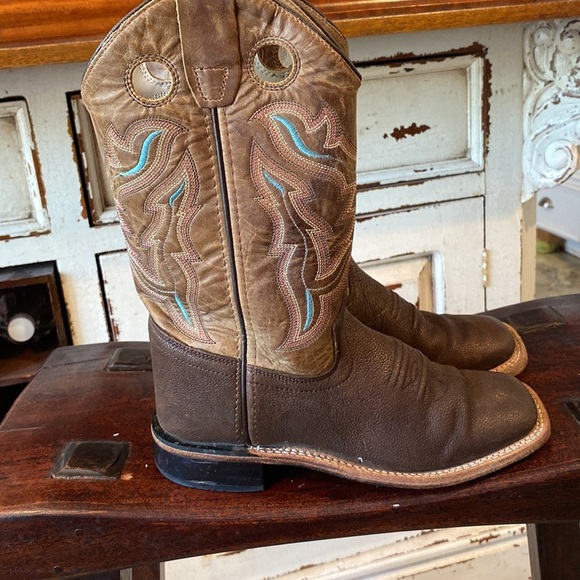 Kids OLD WEST BROWN SQUARE TOE BOOTS - Picture 3 of 9